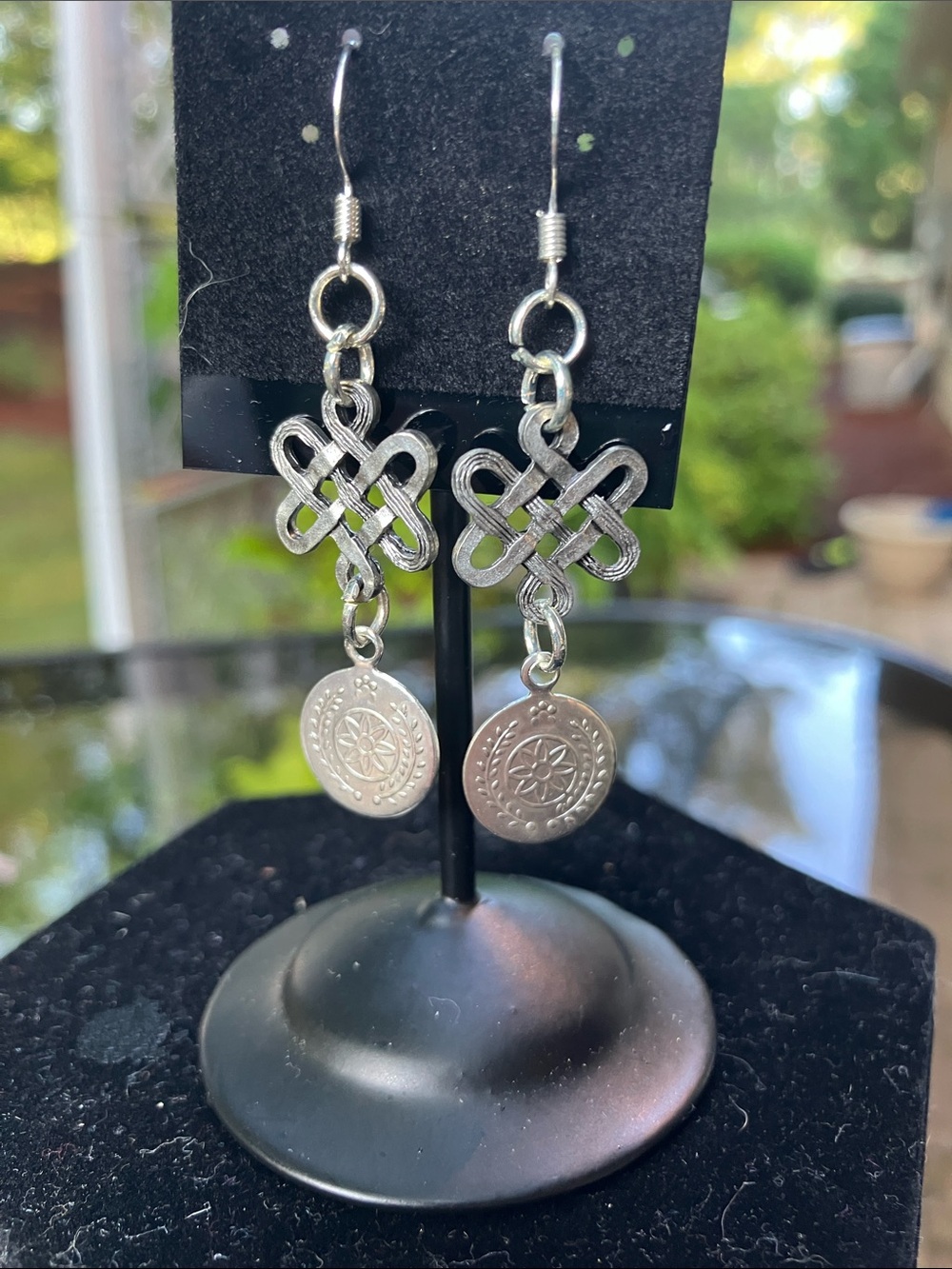 Silver Knot Drop Earrings with Coin Charm